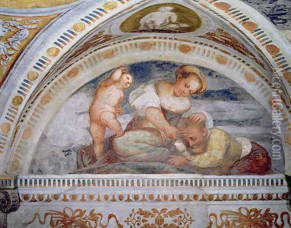 Samson and Delilah, lunette, 1531-32 Oil Painting - Gerolamo Romanino