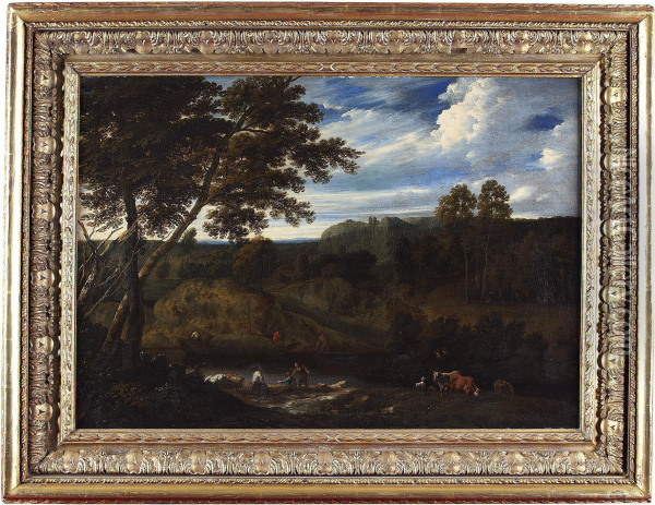 A Wooded River Landscape With Barge, Figures And Animals Oil Painting - Jan Baptist Huysmans