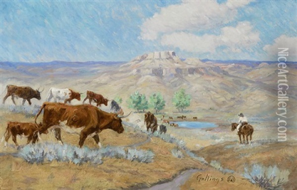 Gathering The Three Circle Cattle Oil Painting - Elling William Gollings