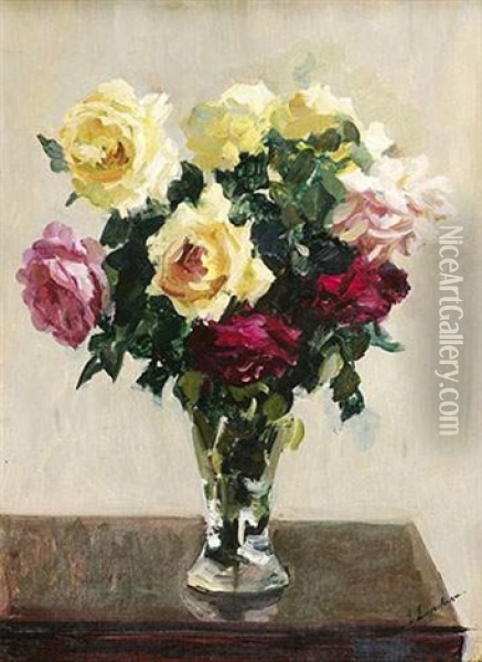 Bouquet De Roses Oil Painting - Georgi Alexandrovich Lapchine