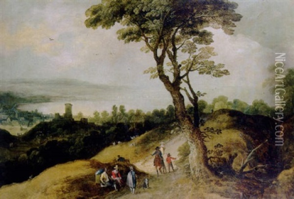 Travellers And Peasants On A Road Above A Valley Oil Painting - Joos de Momper the Younger