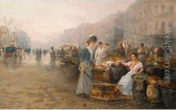 Figures On A Flower Market; A Busy Market (a Pair) Oil Painting - Emil Barbarini