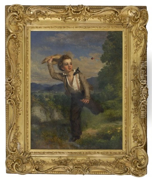 A Young Boy Running While Shooing A Butterfly With His Straw Hat Oil Painting - Samuel S. Carr