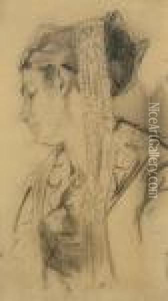 Frau Mit Haarband Oil Painting - Adolph von Menzel