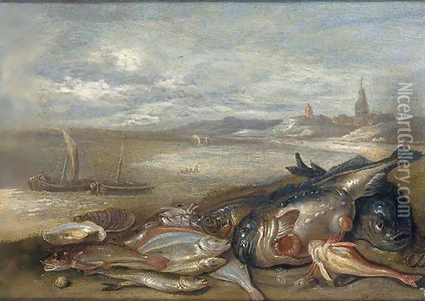 A still life of various fish and crustaceans on a bech Oil Painting - Jan van Kessel