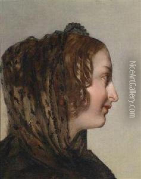 Circle Female Head In Profile With Black Veil Oil Painting - Friedrich Ritter von Amerling