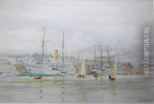The Medina River At Cowes With The Steam Yacht Liberty And The Tall Ship Fantome Oil Painting - William Lionel Wyllie