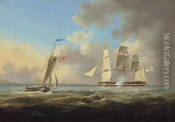 A frigate hove-to and signalling for a pilot, possibly off the approaches to Guernsey Oil Painting - Thomas L. Hornbrook