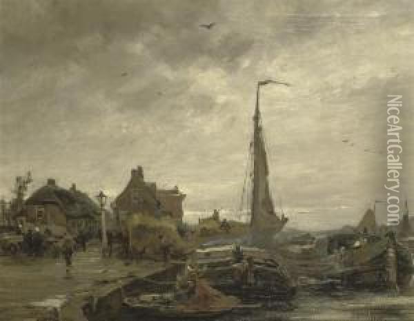 Moored Tjalks In A Harbour Oil Painting - August Willem van Voorden