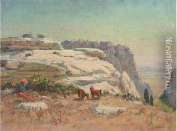 Goats On A Sunny Hill Side Oil Painting - Frederic Montenard