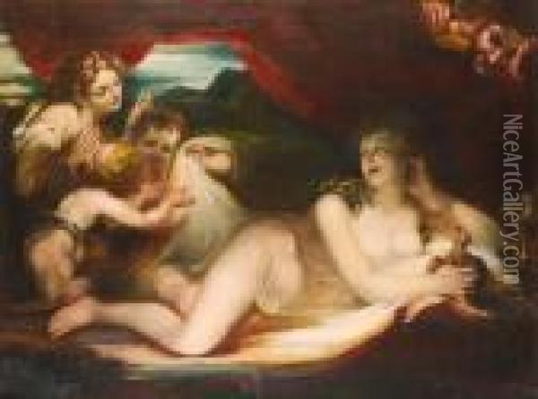 The Reclining Venus With A Maiden And Putti In Attendance, A Satyr Looking On Oil Painting - Sir Joshua Reynolds