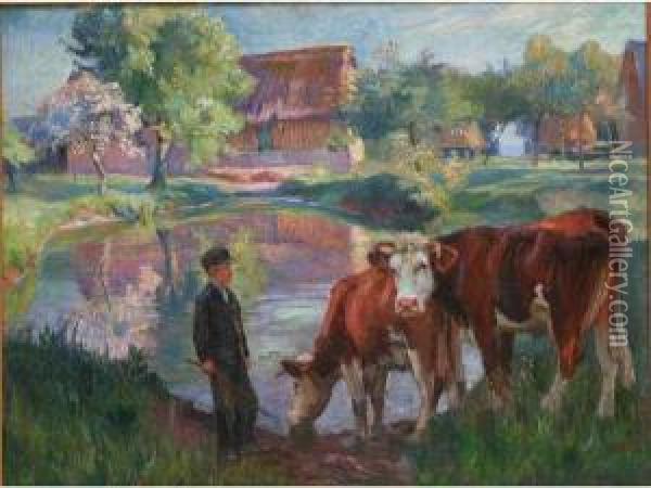 Jeune Vacher Pres Du Marigot Oil Painting - Raymond Louis Lecourt