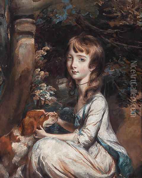 Portrait of a young girl, seated beneath a tree, in a white dress with blue trim, a red and white setter beside her Oil Painting - Daniel Gardner