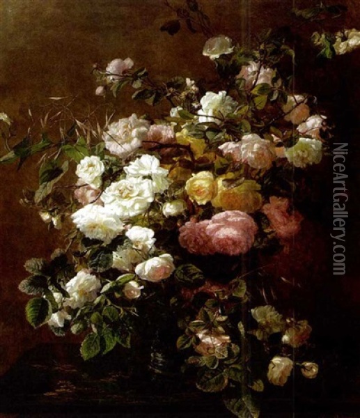 Roses In A Stoneware Vase Oil Painting - Gerardina Jacoba van de Sande Bakhuyzen