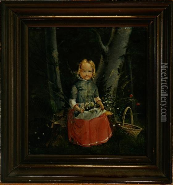 A Little Girl Sitting On A Stump With Flowers In Arpon Oil Painting - Cath., Nee Engelhart Amyot