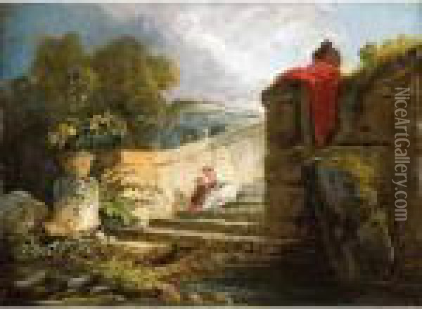 A Scene In The Grounds Of The 
Villa Farnese, Rome, With A Mother And Child Seated Upon An Antique 
Stair, A Classical Rotunda Beyond Oil Painting - Hubert Robert
