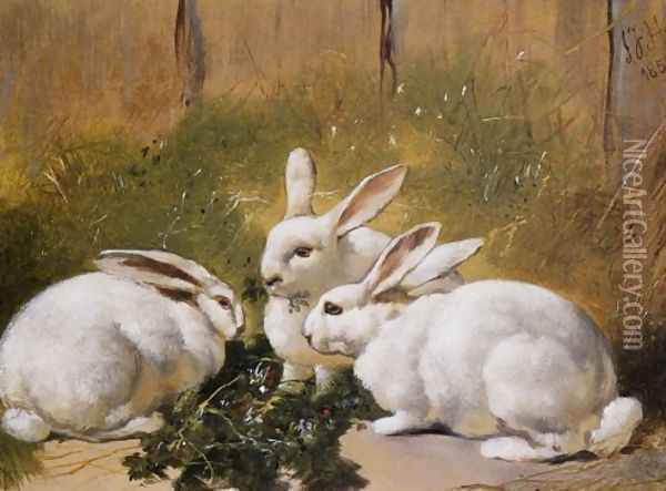 Three White Rabbits 1851 Oil Painting - John Frederick Herring Snr