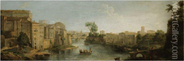 Rome, A View Of The River Tiber And The Ponte Sisto Oil Painting - (circle of) Wittel, Gaspar van (Vanvitelli)