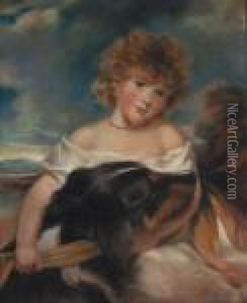 A Portrait Of The Honourable 
Leicester Fitzroy Stanhope, Seated,half-length Holding A Dog Oil Painting - Sir Joshua Reynolds