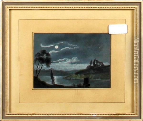 Moonlight Over A Lake And Ruins Oil Painting - Abraham Pether