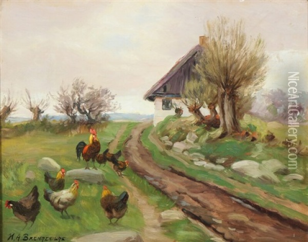 Farmhouse Exterior With Chickens Oil Painting - Hans Andersen Brendekilde