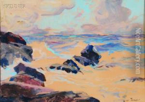 Rocks And Rolling Surf. Oil Painting - Lars Thorsen