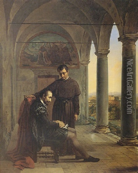 Torquato Tasso Convalescing In The Convent Of Saint'onofrio In Rome Oil Painting - Charles Philippe Auguste de Lariviere