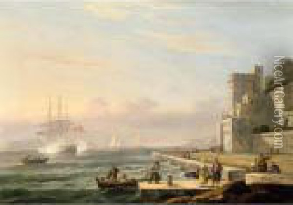 A Mediterranean Harbour Scene Oil Painting - Thomas Luny