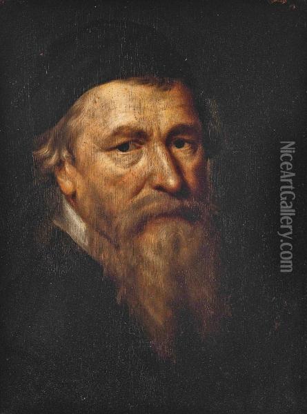 Portrait Of A Gentleman, Bust-length, In A Black Skull Cap Oil Painting - Govert Teunisz. Flinck