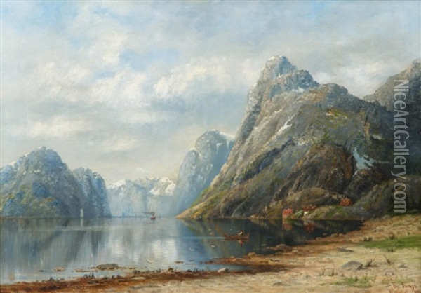 Fjord-gebirgslandschaft Mit Dampfschiff Oil Painting - Therese Fuchs