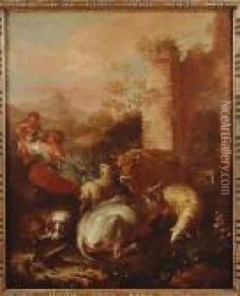 A Shepherdess, Her Child And A 
Dog Tending Cattle, Sheep, A Goat And A Ram By Ruins In An Italianate 
Landscape Oil Painting - Giovanni Agostino Cassana