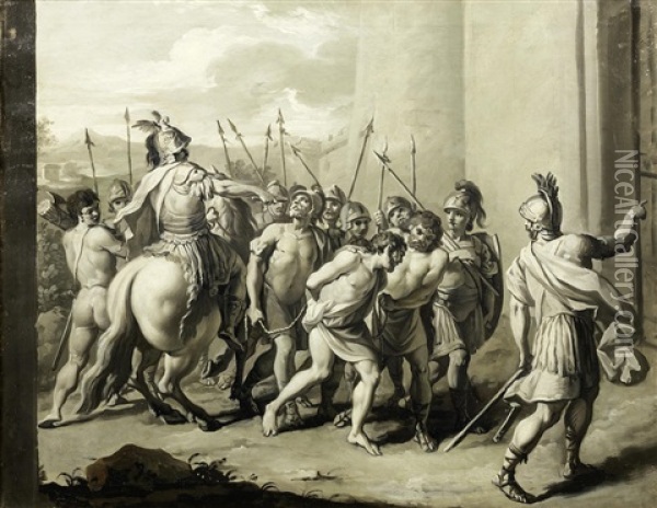 Roman Soldiers Escorting A Prisoner Oil Painting - Zacarias Gonzalez Velazquez