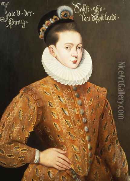 Portrait of James I of England and James VI of Scotland (1566-1625), purported to be the marriage portrait sent to the Danish Court to seduce Anne, his future wife Oil Painting - Adrian Vanson
