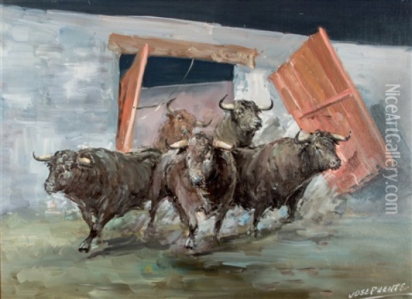 Saliendo Del Chiquero Oil Painting - Jose Puente