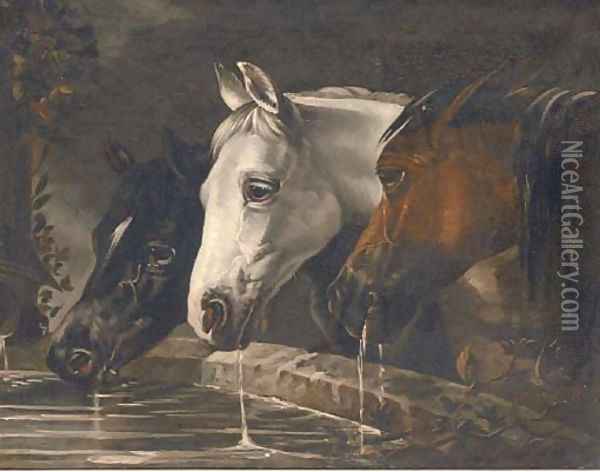 Three horses at a water trough Oil Painting - John Frederick Herring Snr