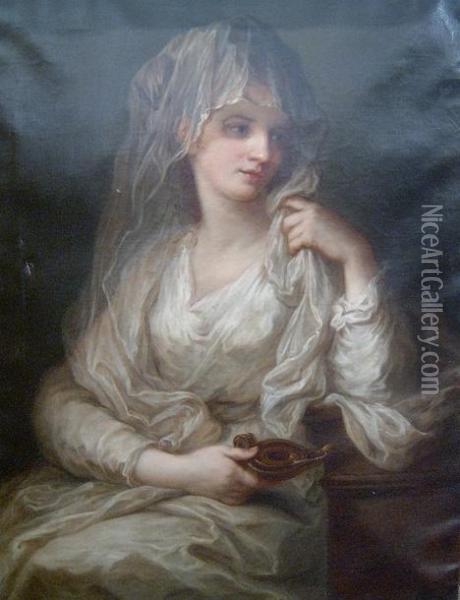 Portrait Of A Lady As Tuccia, The Vestal Virgin, Holding An Oillamp Oil Painting - Angelica Kauffmann