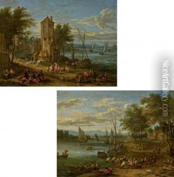 Pecheurs Au Bord D'une Riviere Oil Painting - Joseph van Bredael