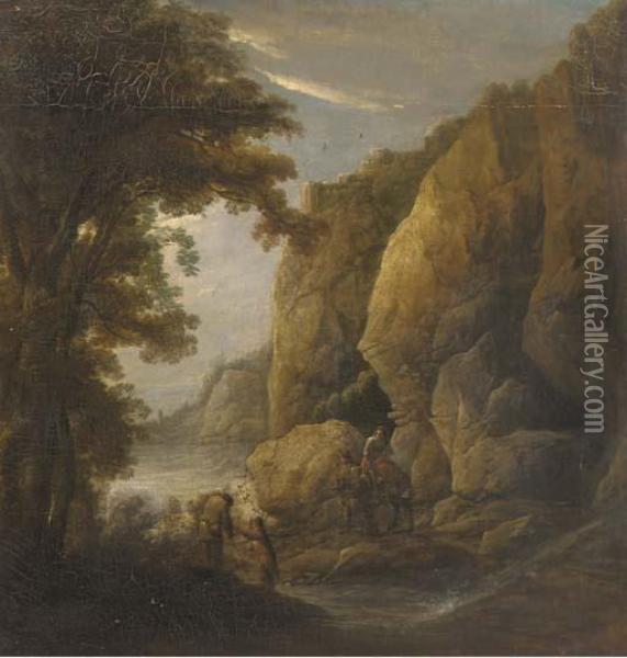 A Mountain Gorge With Travellers On A Path Oil Painting - Jacques D Arthois
