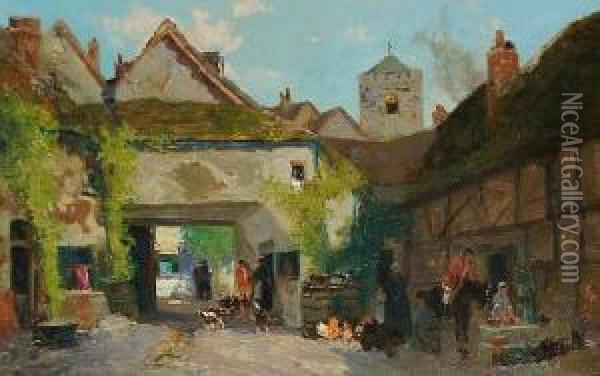 A Busy Courtyard Oil Painting - George Charles Haite