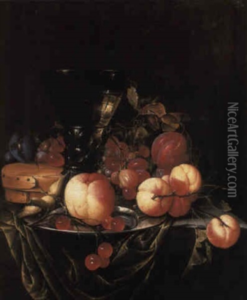 Grapes, A Peach And Other Fruit Scattered Around A Roemer On A Stone Ledge Oil Painting - Cornelis De Heem