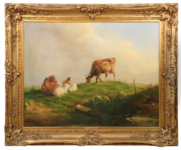 Bucolic Landscape With Cattle And Sheep Oil Painting - Thomas Sidney Cooper