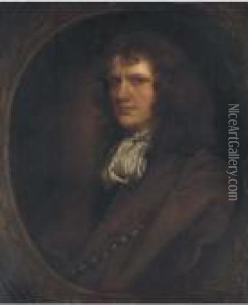 Portrait Of A Gentleman, 
Half-length, In A Brown Coat And White Cravat, In A Sculpted Cartouche Oil Painting - John Greenhill