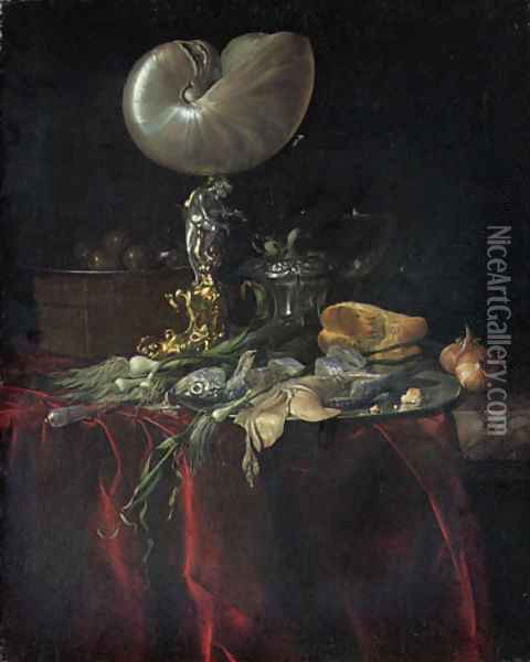 A nautilus cup, a pickled herring and a fillet on a pewter plate Oil Painting - Willem Van Aelst