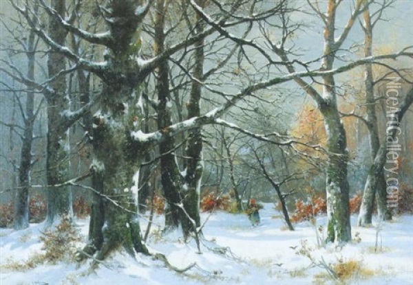 Reisigsammlerin In Verschneitem Wald Oil Painting - Adolf Kaufmann