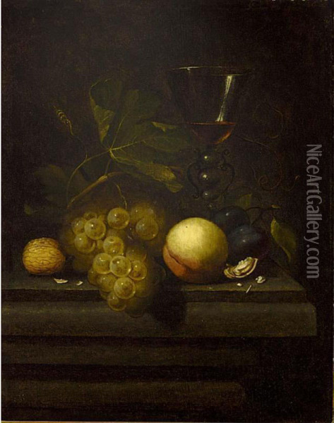 A Still Life With Walnuts, A Peach, Prunes, Grapes And A Glass All On A Wooden Table Oil Painting - Johannes Borman