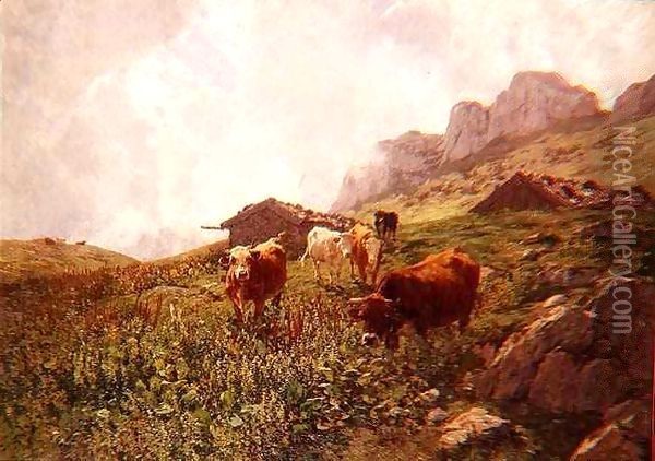 Cattle in an Alpine Landscape Oil Painting - Hermann Baisch