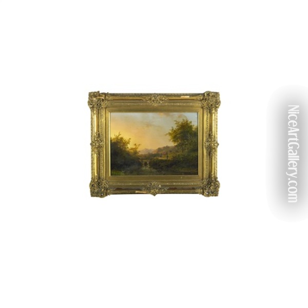 Oil On Panel Mountainous River Landscape With Bridge (framed) Oil Painting - Johann Bernard Klombeck