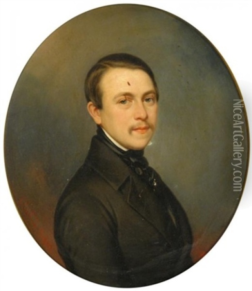 Portrat Eines Jungen, Bartigen Herrn In Dunklem Frack Oil Painting - Konstantin Johannes Franz Cretius