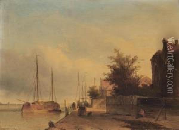 Figures On A Quayside In A Dutch Town Oil Painting - Jan Weissenbruch