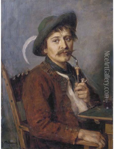 Jung Bauern: A Tyrolean Farmer With A Pipe Oil Painting - Franz Von Defregger